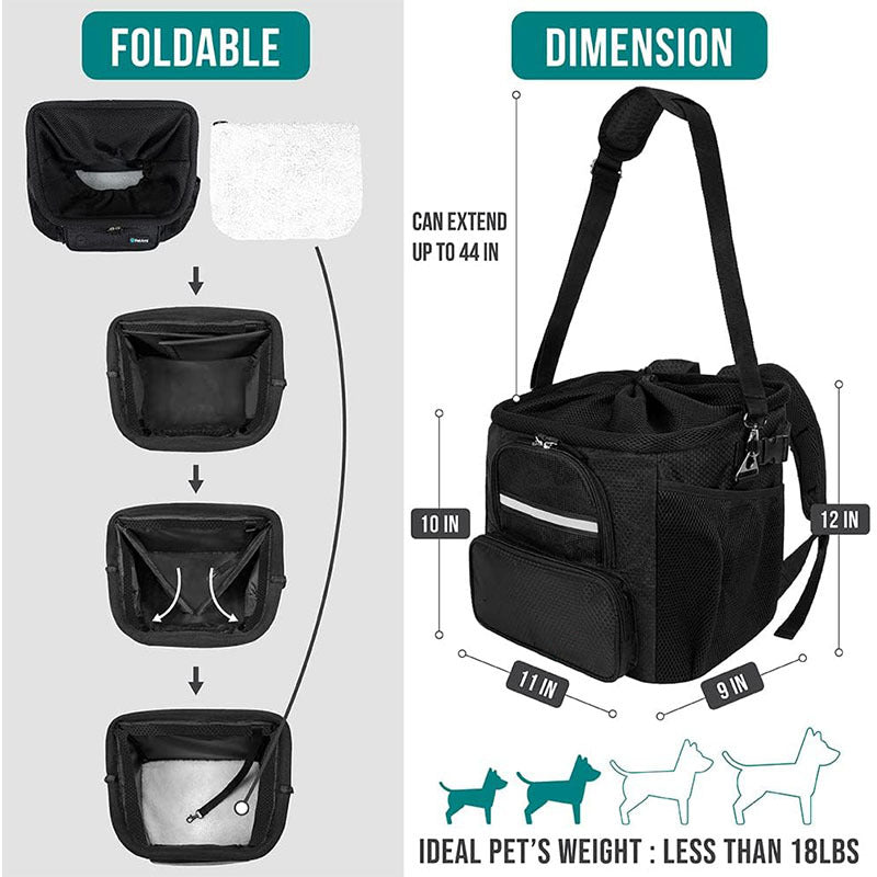 rectangular insulated pet travel tote with drawstring mesh canopy front-access pocket and adjustable padded shoulder strap Stornfield