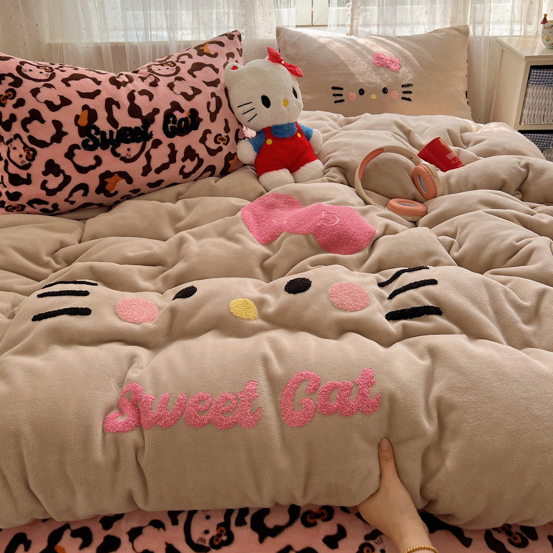 Plush Embroidered Kawaii Cat Comforter Set