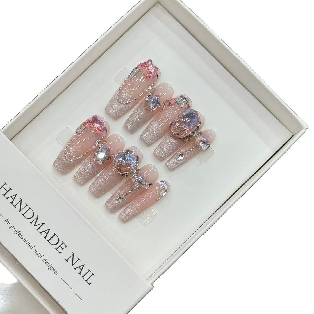 Decorative Handmade Press-On Nail Art Set with Gemstone Accents