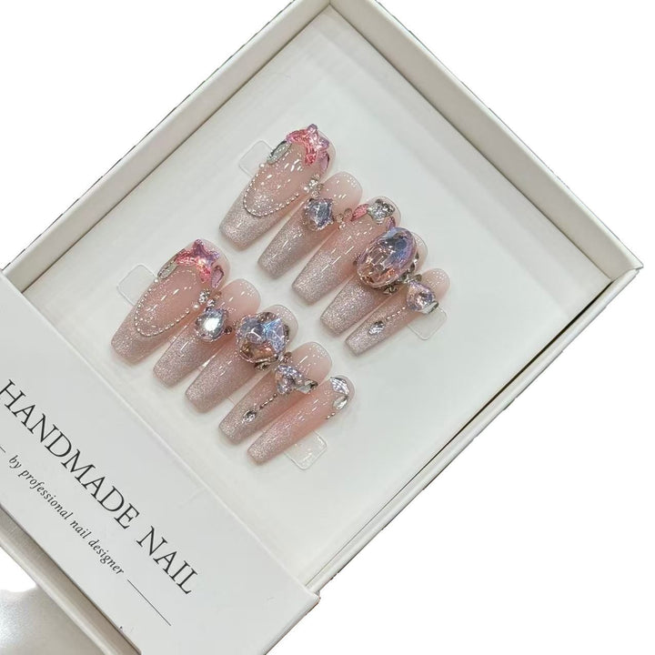 Decorative Handmade Press-On Nail Art Set with Gemstone Accents