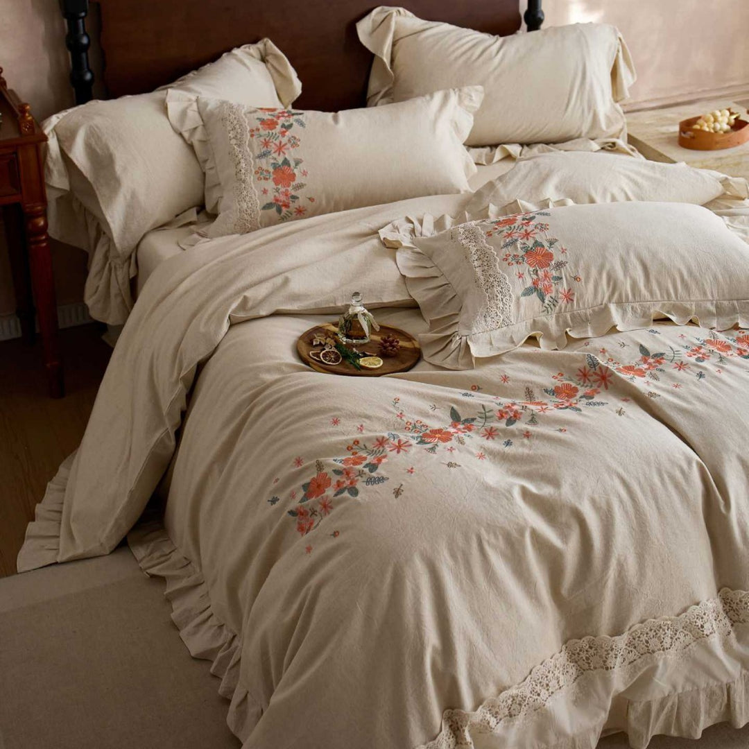 Embroidered Floral Ruffled Cotton Duvet Cover Set
