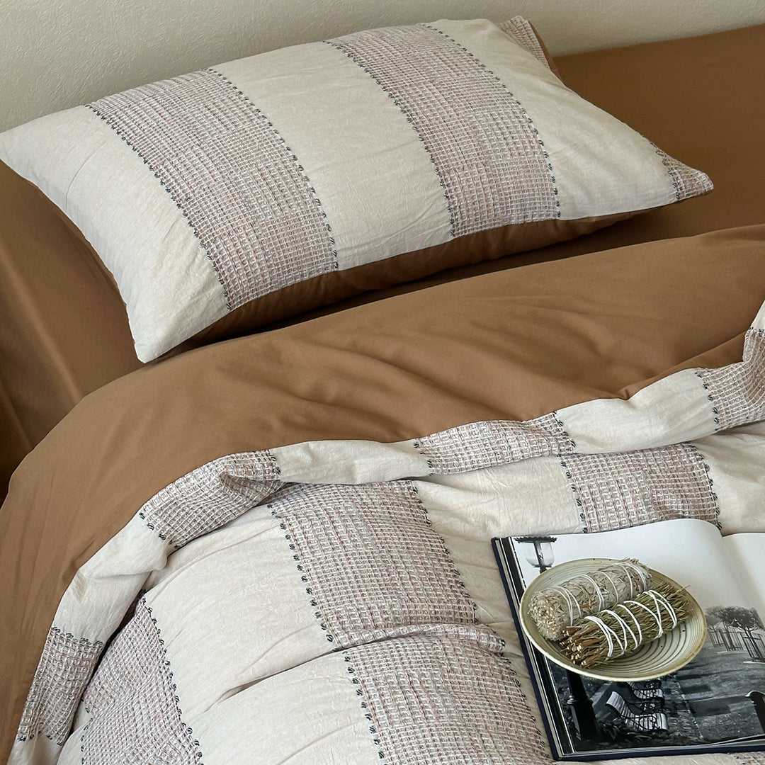 Luxury Washed Cotton-Linen Duvet Cover Set with Woven Stripe Accents