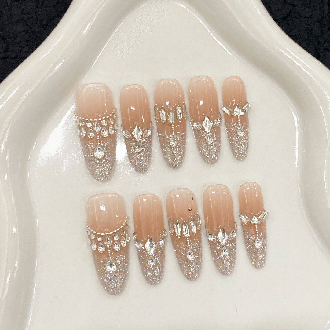 Sparkling Press-On Nail Art Set with Elegant Gemstone Accents