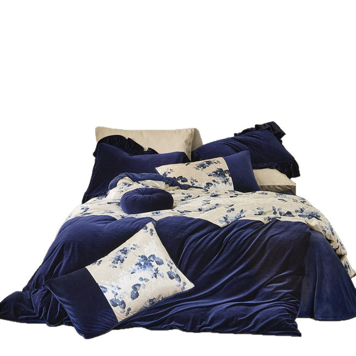 Velvet-Finish Reversible Comforter & Floral Panel Bed Ensemble