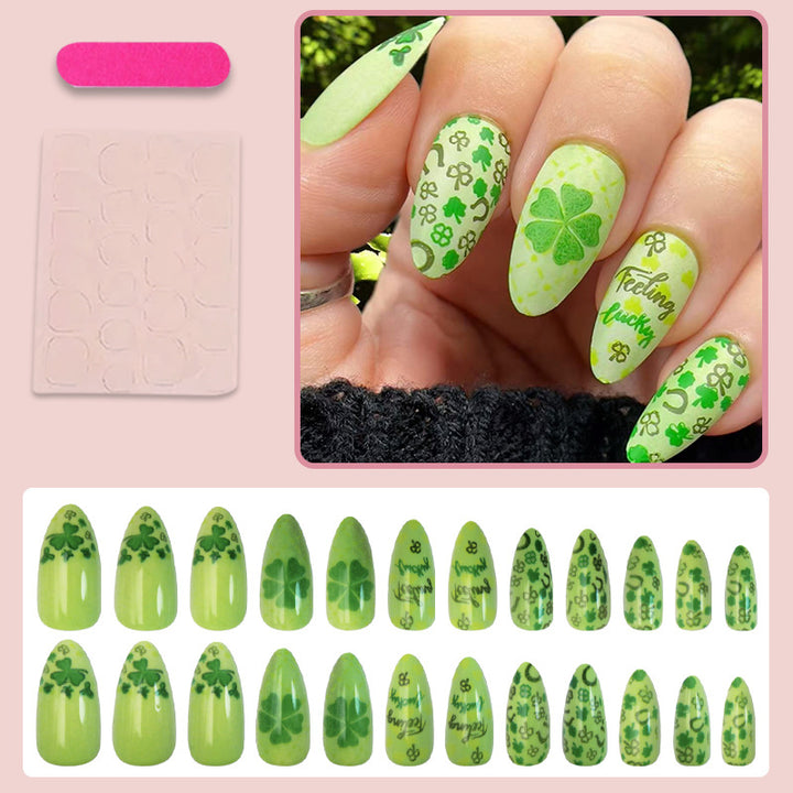 Art nail set with cheerful clover designs and casual lettering motifs Stornfield