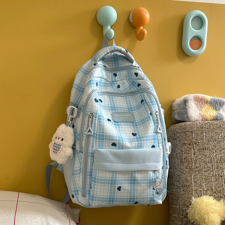 Stylish Checked Backpack with Heart Accents Stornfield