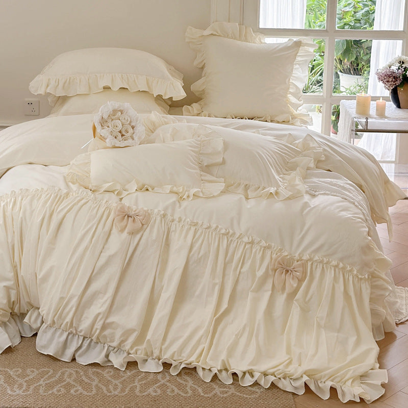 Ruffled Cotton Sateen Romantic Duvet Cover Ensemble with Gathered Skirt & Bow Accents