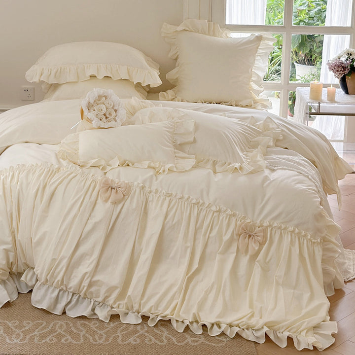 Ruffled Cotton Sateen Romantic Duvet Cover Ensemble with Gathered Skirt & Bow Accents