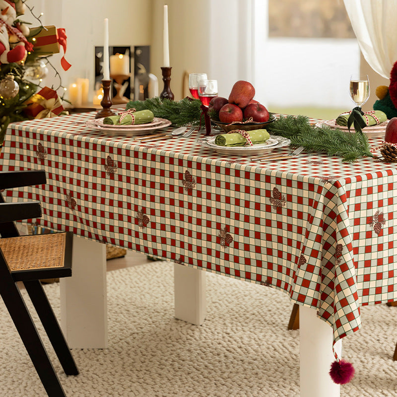 Rectangular decorative tablecloth with checkered pattern, pompom trim, and fine embroidered applique Stornfield