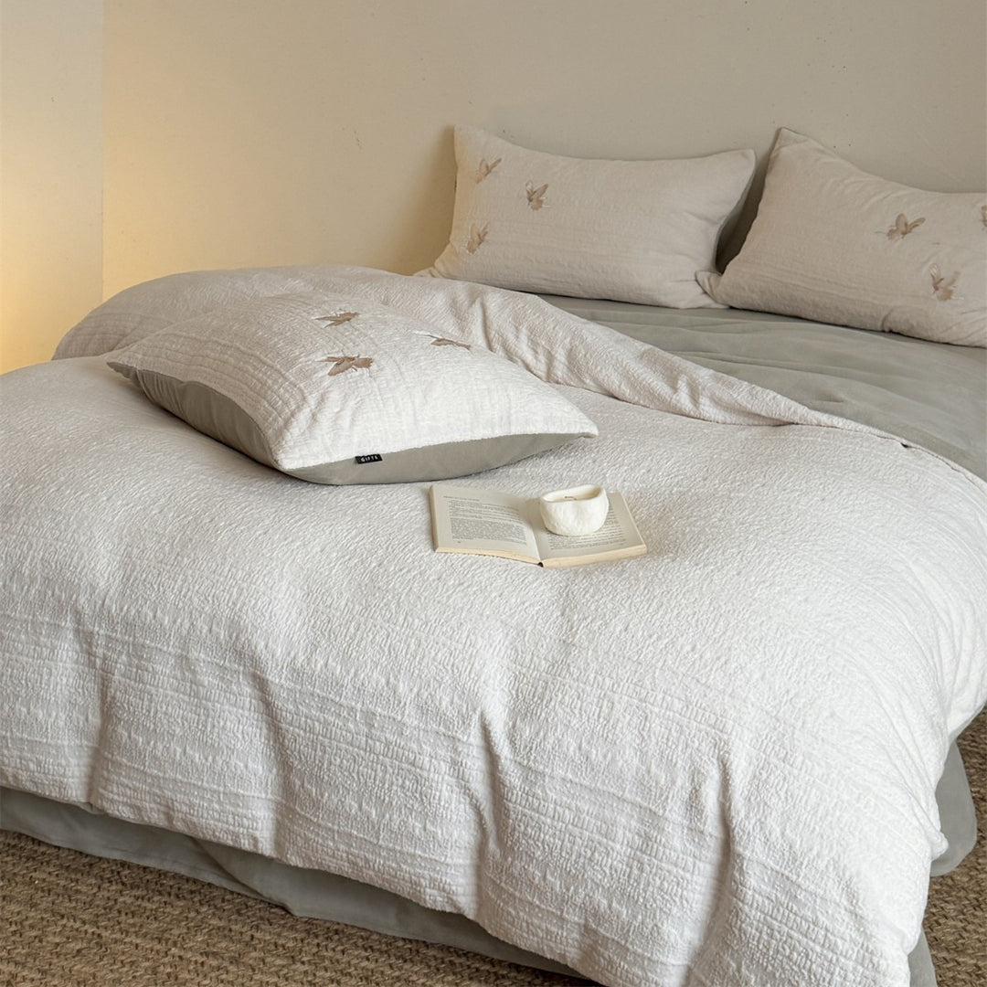 Washed Cotton-Linen Textured Duvet Cover Set with Subtle Embroidered Motif