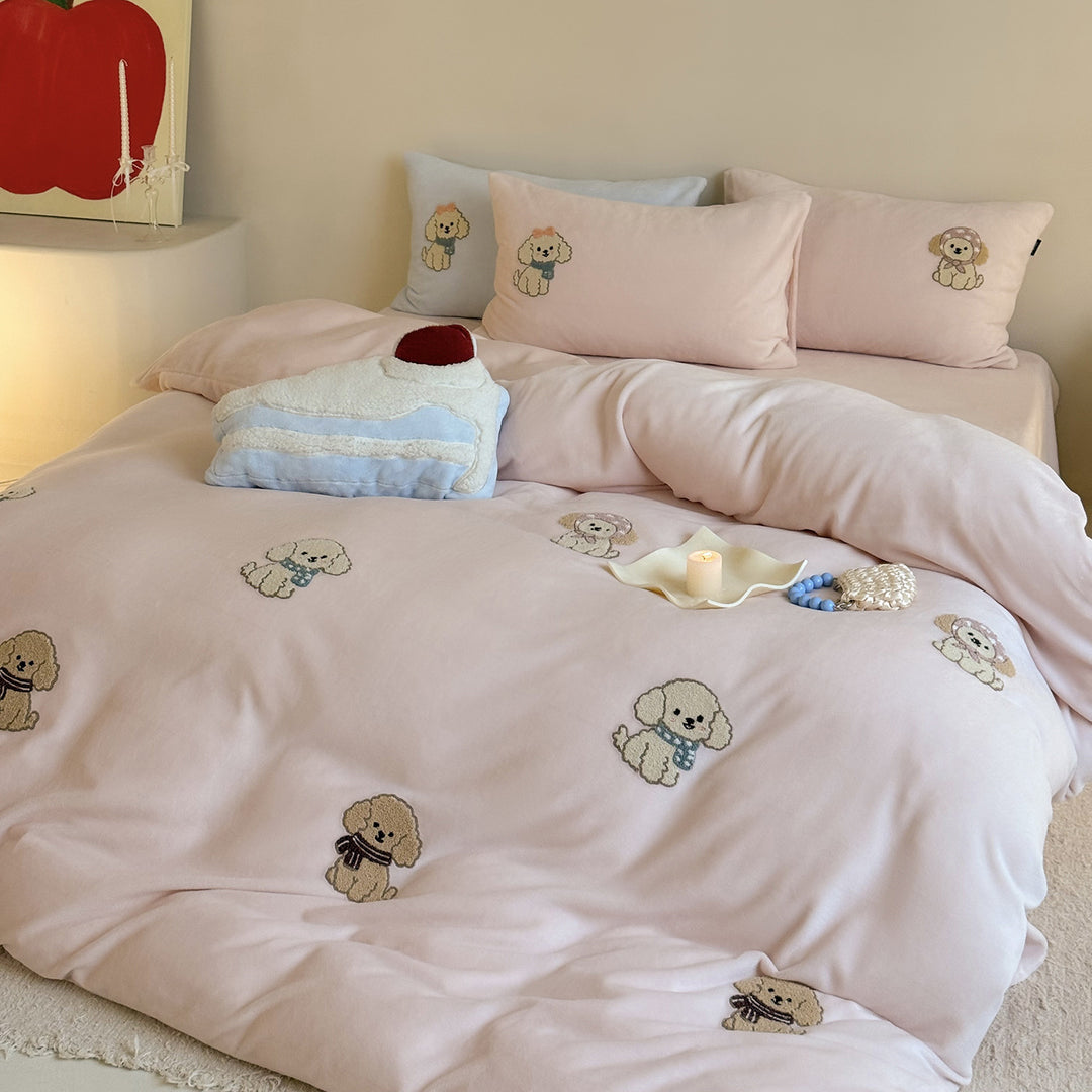 Embroidered Puppy Motif Cotton-Sateen Duvet Cover Set
