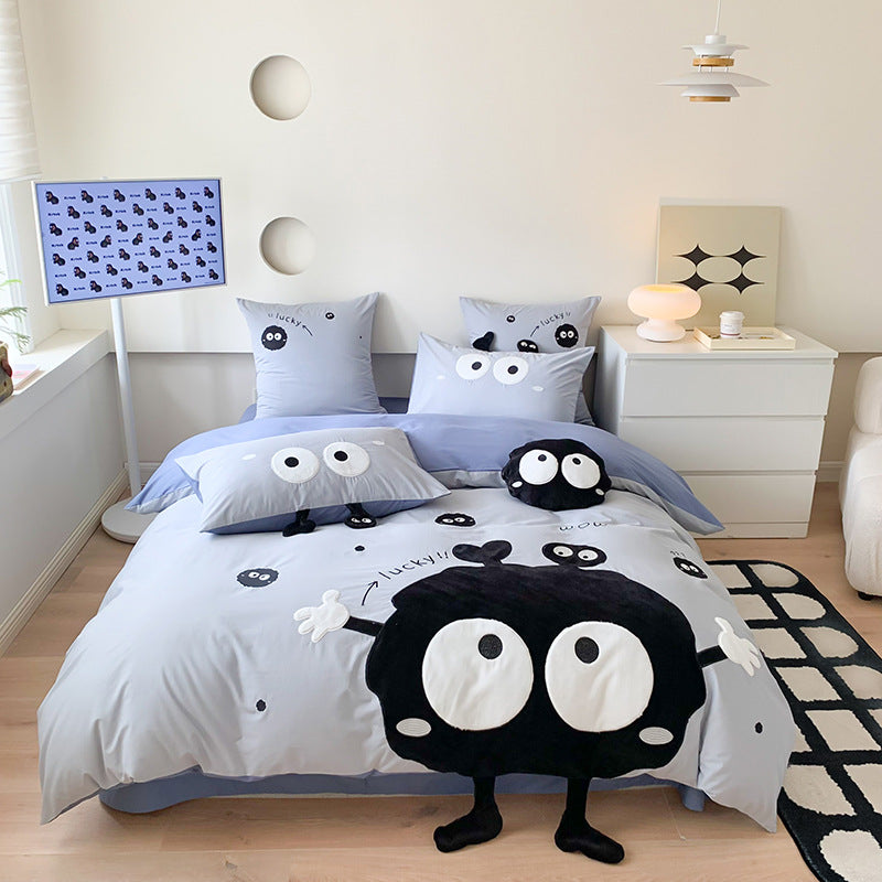 Cartoon Plush Applique Duvet Cover Set with Three-Dimensional Character and Matching Cushion