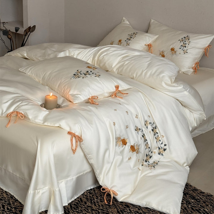 Embroidered Cotton Sateen Duvet Cover Set with Goldfish & Floral Motifs and Velvet Tie Closures