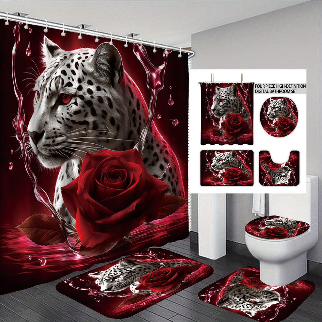 Artistic High-Definition Leopard and Rose-Themed Bathroom Décor Set Stornfield