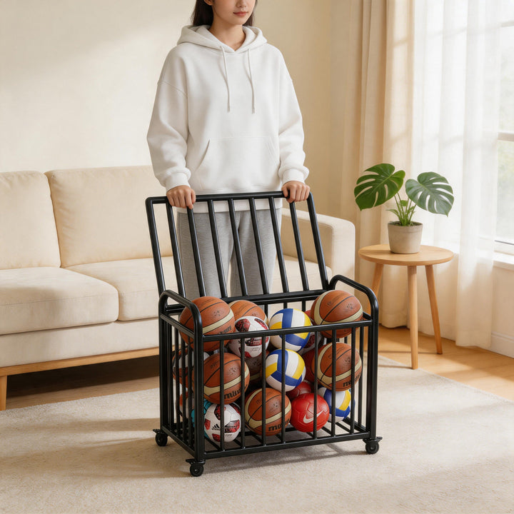 Heavy-Duty Wheeled Sports Ball Storage Cart with Tilted Return Rack