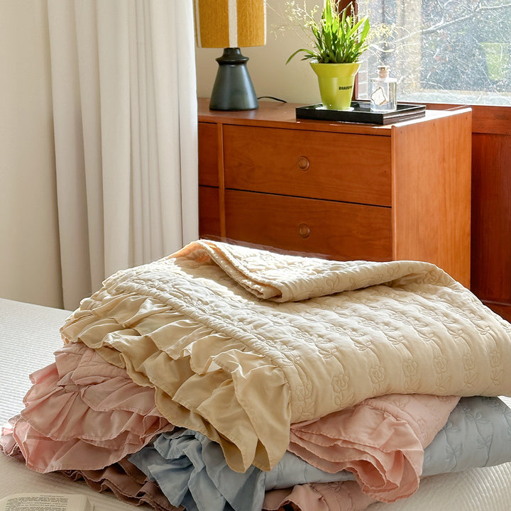 Quilted Floral Embroidered Bedspread Set with Ruffle Pillow Shams
