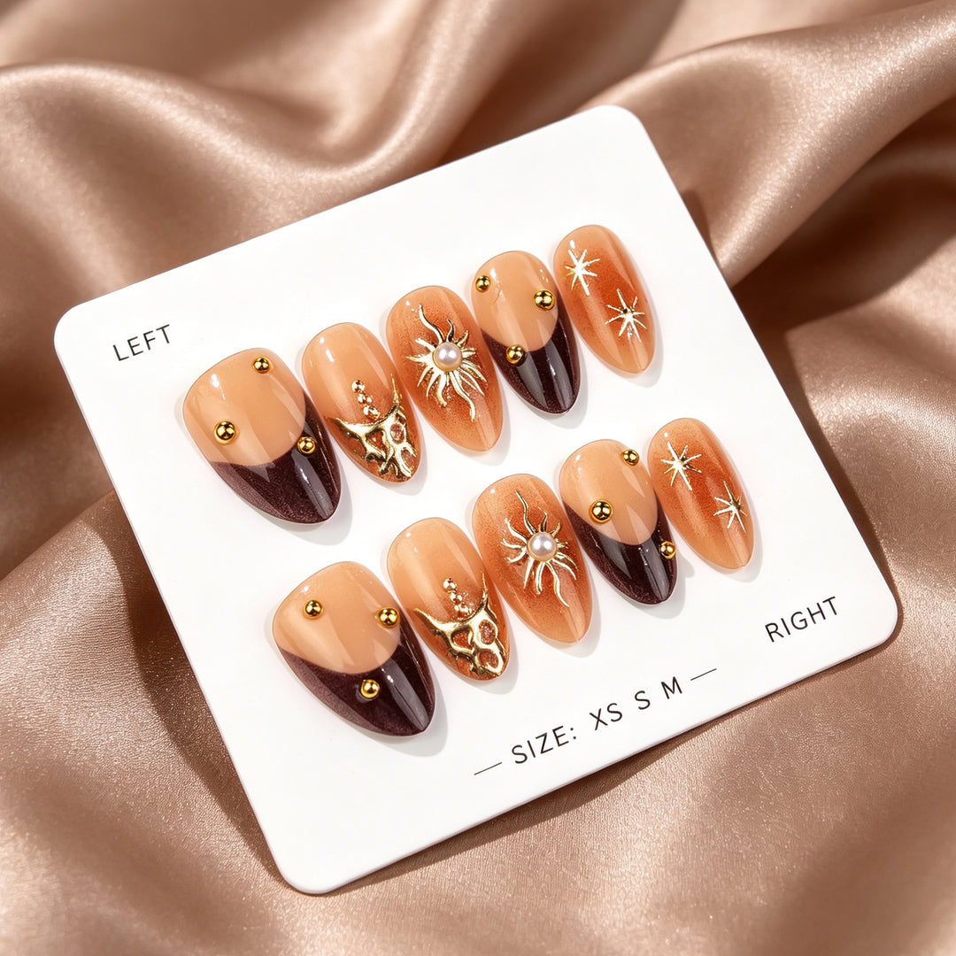 Artistic Press-On Nail Art Set with Elegant Sun and Gemstone Design