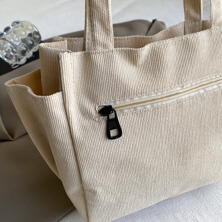 Textured Corduroy Tote Bag with Cute Plush Charm