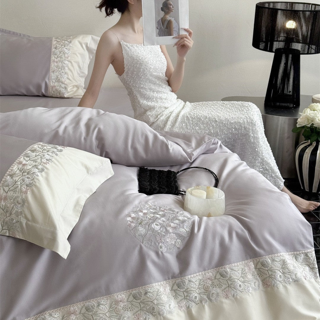 Embroidered Floral Luxury Duvet Cover Set with Lace-Trim Pillow Shams
