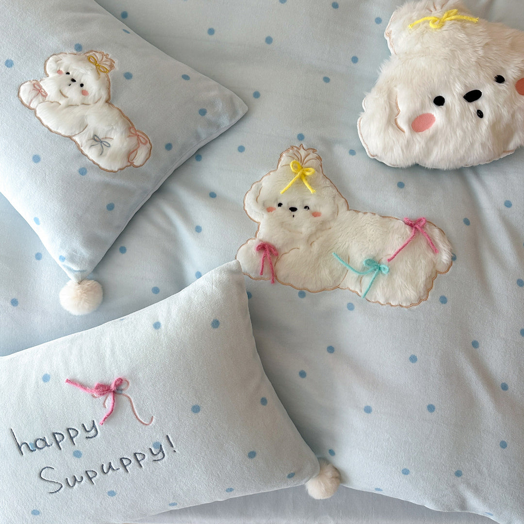 Plush Embroidered Dog Duvet Cover Bedding Set with Pom-Pom Pillowcases