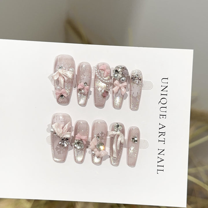 Decorative Press-On Nail Set with Floral Accents