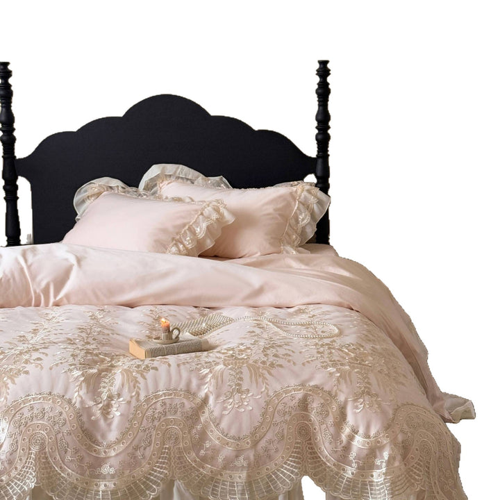 Romantic satin bedding set with lace frill & finely embroidered coverlet