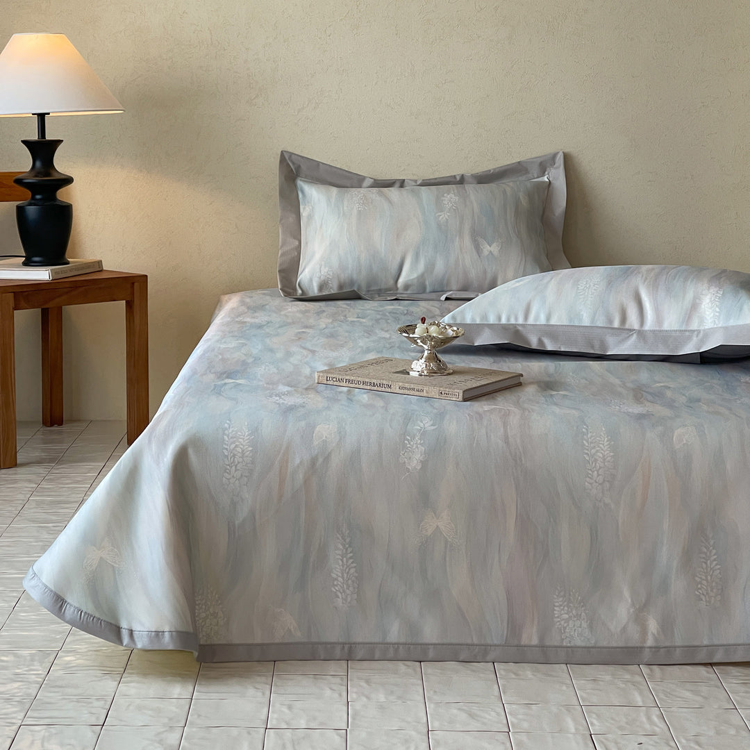 Luxurious satin bed linen set with floral jacquard weaving and wide satin border