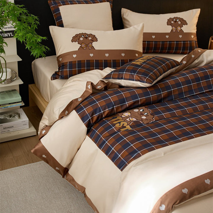 Children's bedding set made of cotton blend with checkered design and dog appliqué