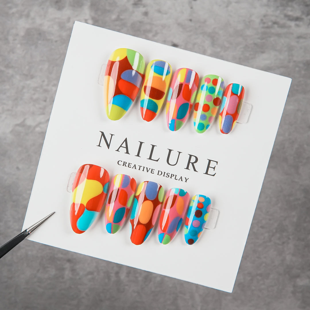 Artistic Press-On Nail Set with Colorful Geometric Patterns