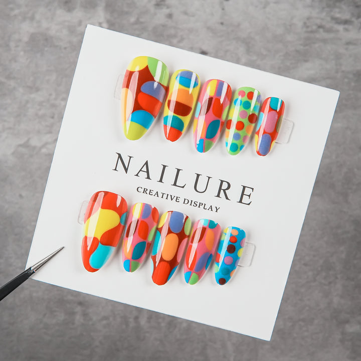 Artistic Press-On Nail Set with Colorful Geometric Patterns