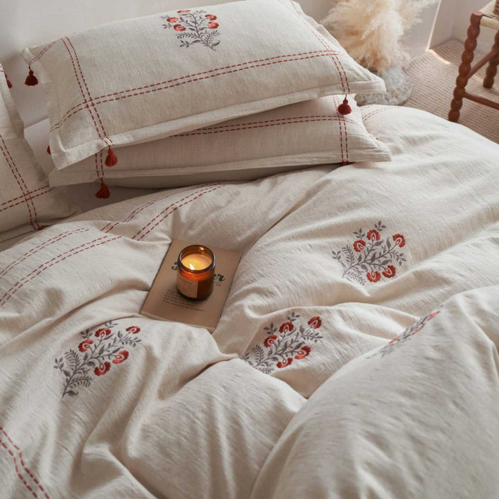 Embroidered Floral Cotton-Linen Duvet Cover Set with Tassel Corners and Decorative Pillow Shams