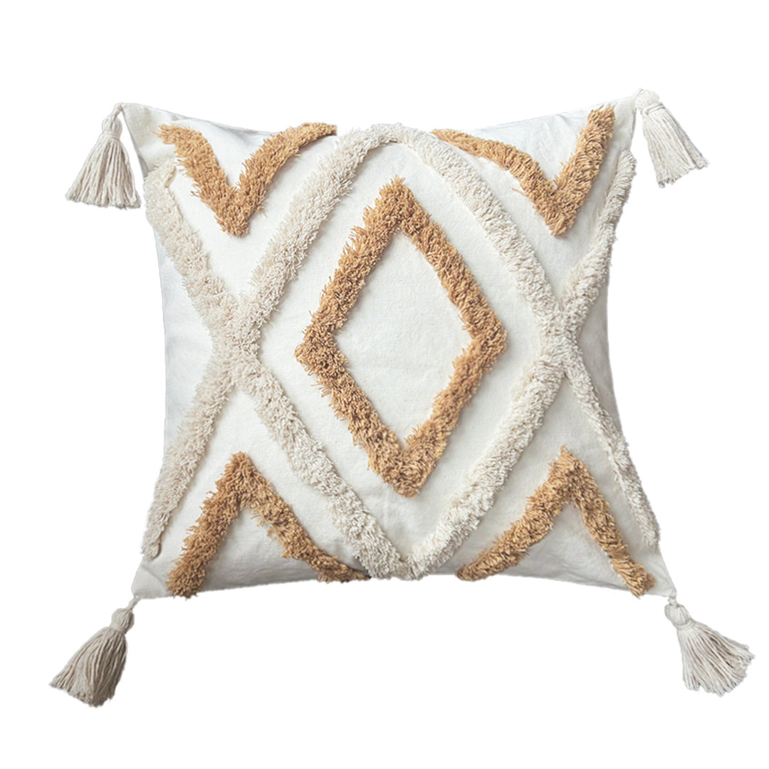 Square cushion cover made of cotton-linen with raised diamond tufting and corner tassels Stornfield