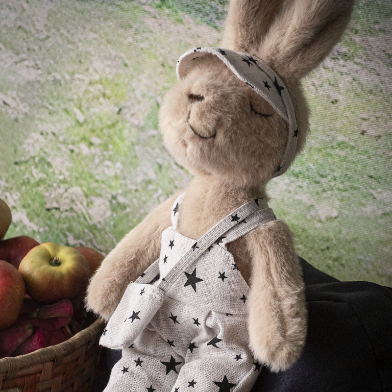 Handcrafted Plush Rabbit Toy with Star-Print Linen Overalls and Visor