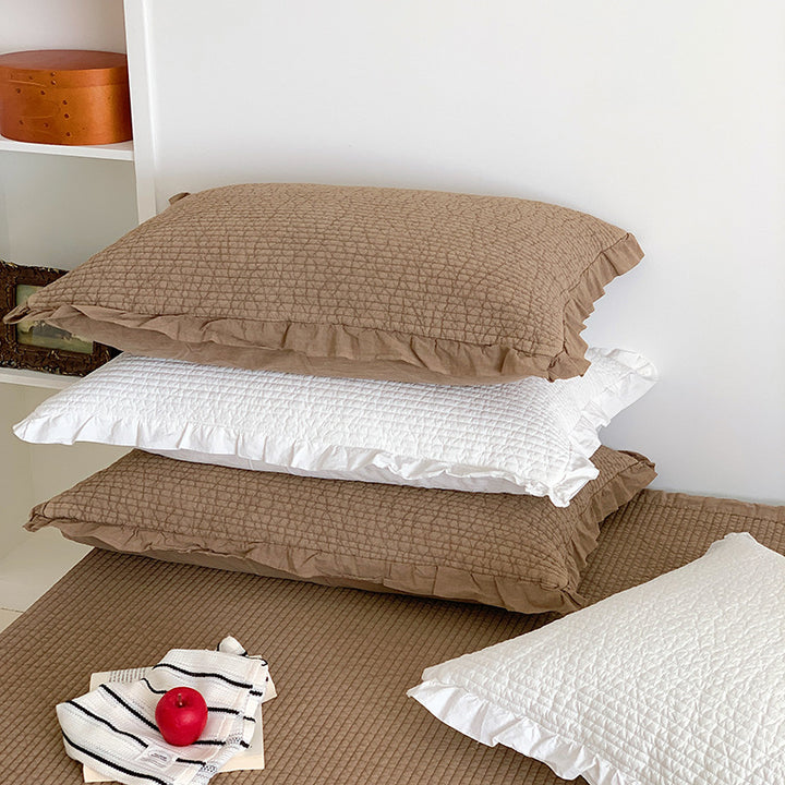 Textured Ribbed Quilted Bedspread Set with Ruffled Edge Pillow Shams
