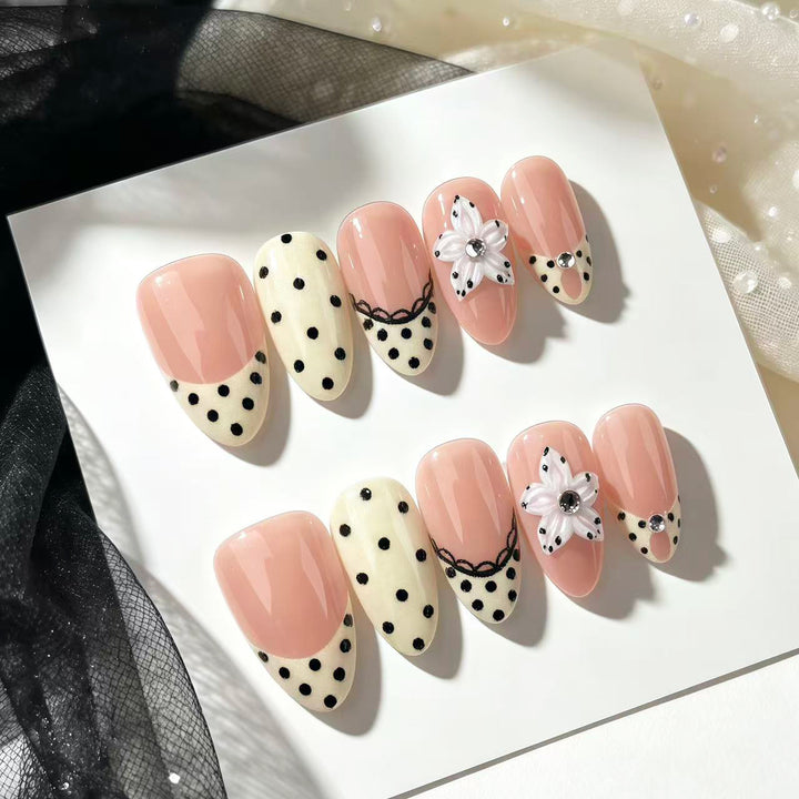 Elegant Press-On Nail Art Set with Floral and Dot Designs