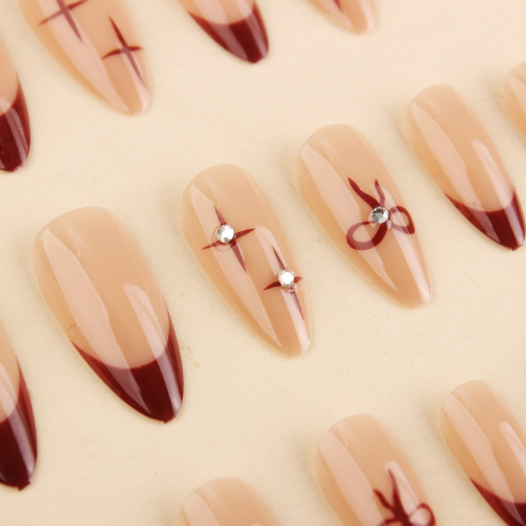 Artistic Press-On Nail Art Set with Decorative Bow and Crystal Accents Stornfield