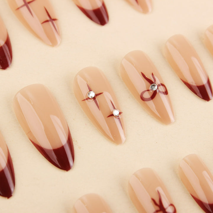 Artistic Press-On Nail Art Set with Decorative Bow and Crystal Accents Stornfield