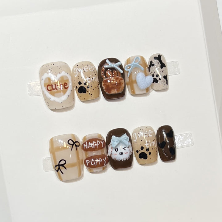 Playful Cartoon Dog-Themed Press-On Nail Art Set Stornfield