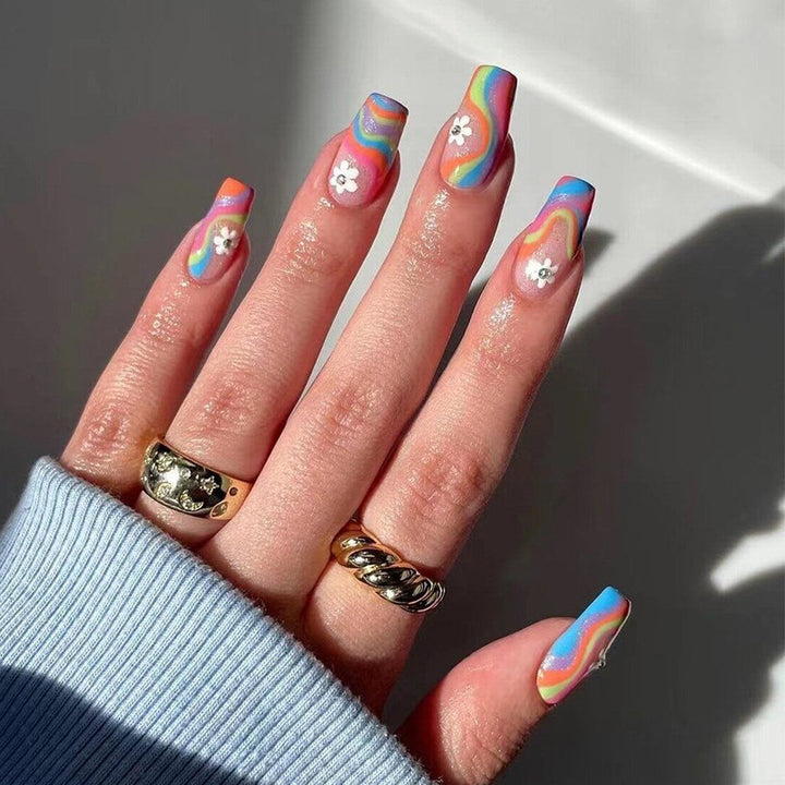 Artful Nail Extensions with Colorful Gradient and Delicate Flower Pattern Stornfield