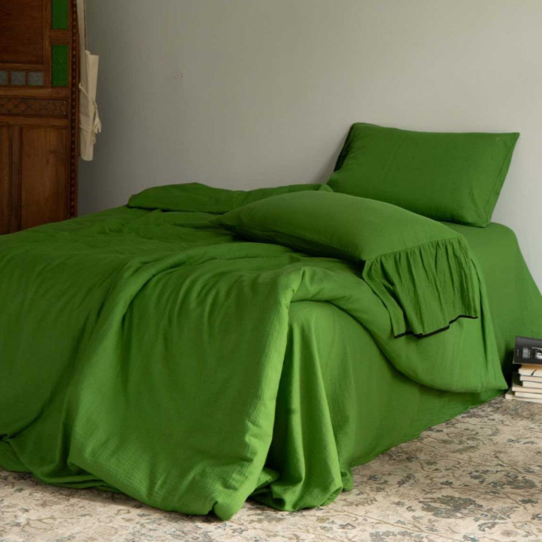 Washed Cotton Ruffled-Edge Duvet Cover Bedding Set with Bedskirt and Pillow Shams