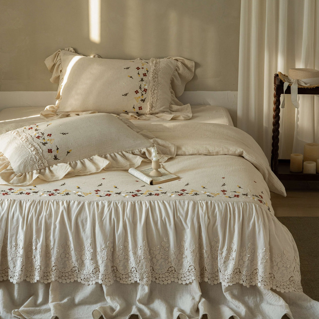 Embroidered Linen Ruffled Bedspread Set with Lace Trim