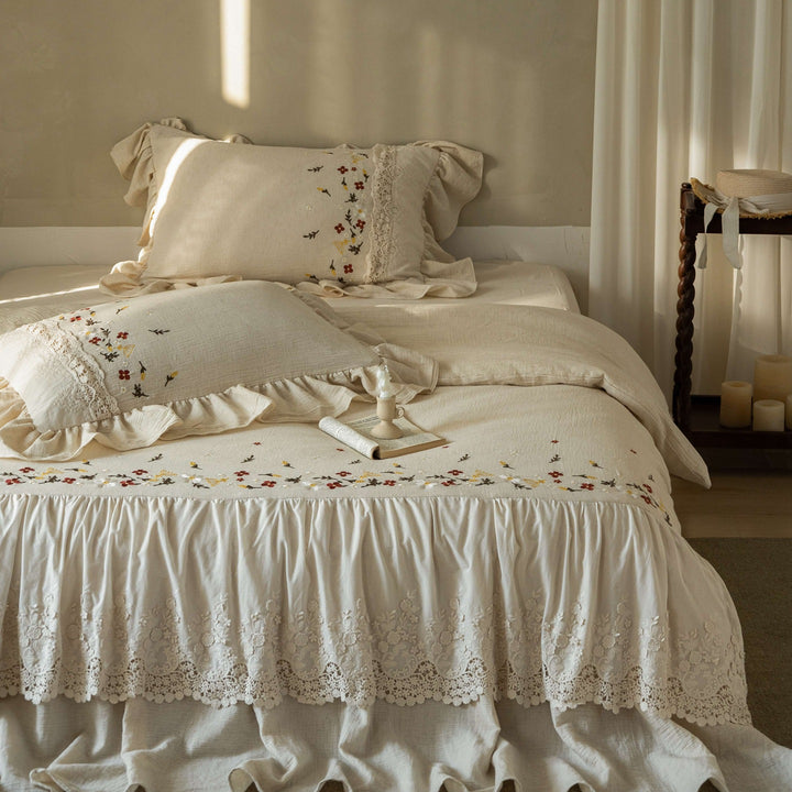 Embroidered Linen Ruffled Bedspread Set with Lace Trim