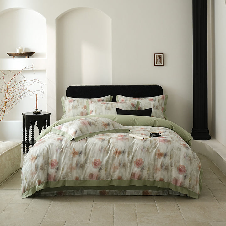 Botanical-Print Washed Cotton Duvet Cover Set with Contrast Hem and Oxford Border Pillowcases