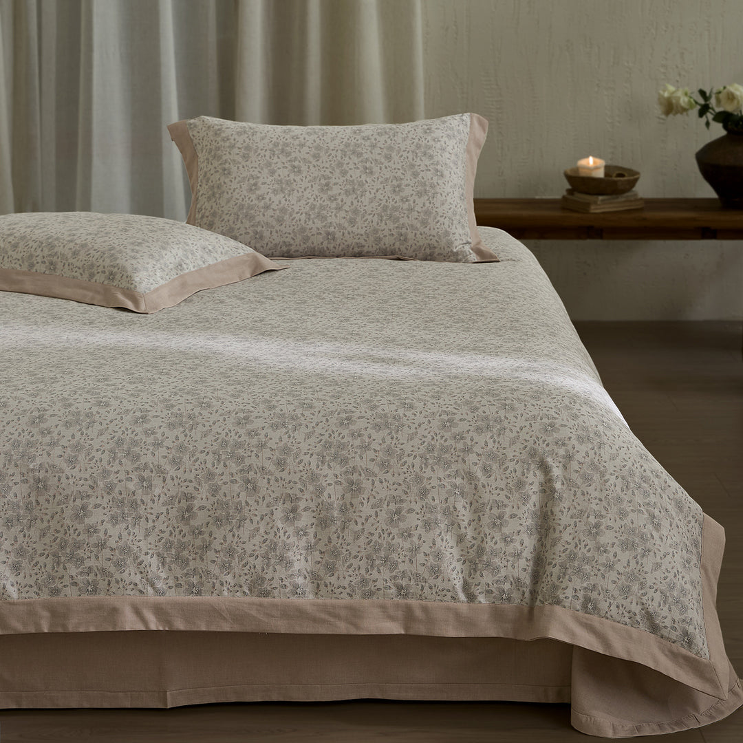 Floral Cotton-Linen Bedspread Set with Chambray Trim