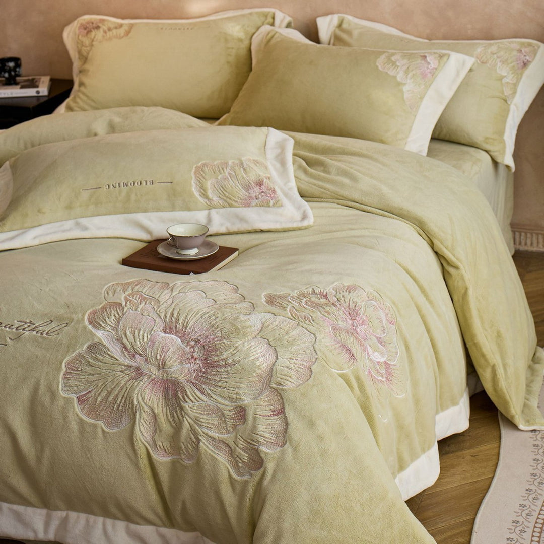 Plush Embroidered Peony Velvet Duvet Cover Ensemble