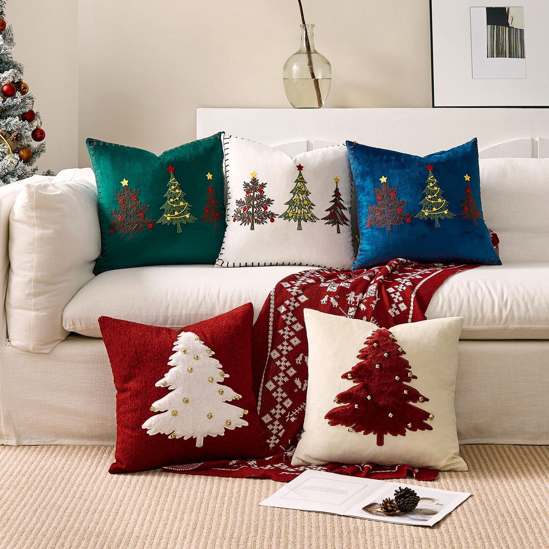 Embroidered Christmas Tree Square Throw Pillow Cover with Whipstitch Edge