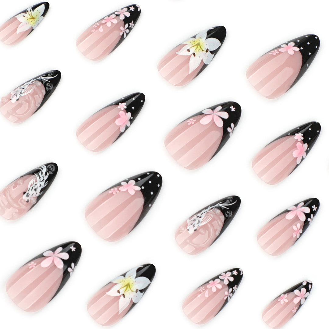 Elegant Nail Extensions with Creative Flowers and Black-White Patterns Stornfield