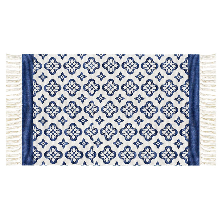 Flat-woven cotton runner with Mediterranean tile jacquard and decorative fringes Stornfield