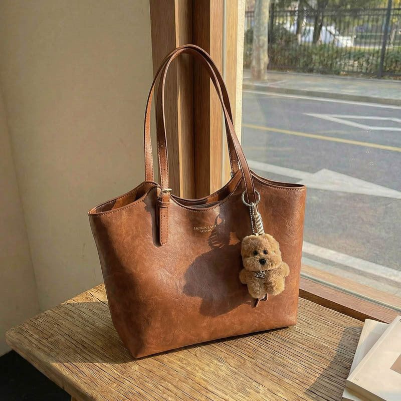 Stylish Faux Leather Tote Bag with Charming Keychain