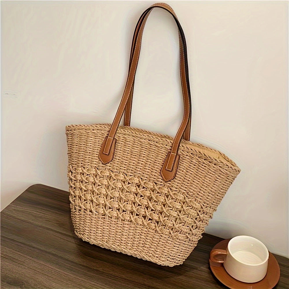 Handbag with Woven Design and Leather Handles Stornfield